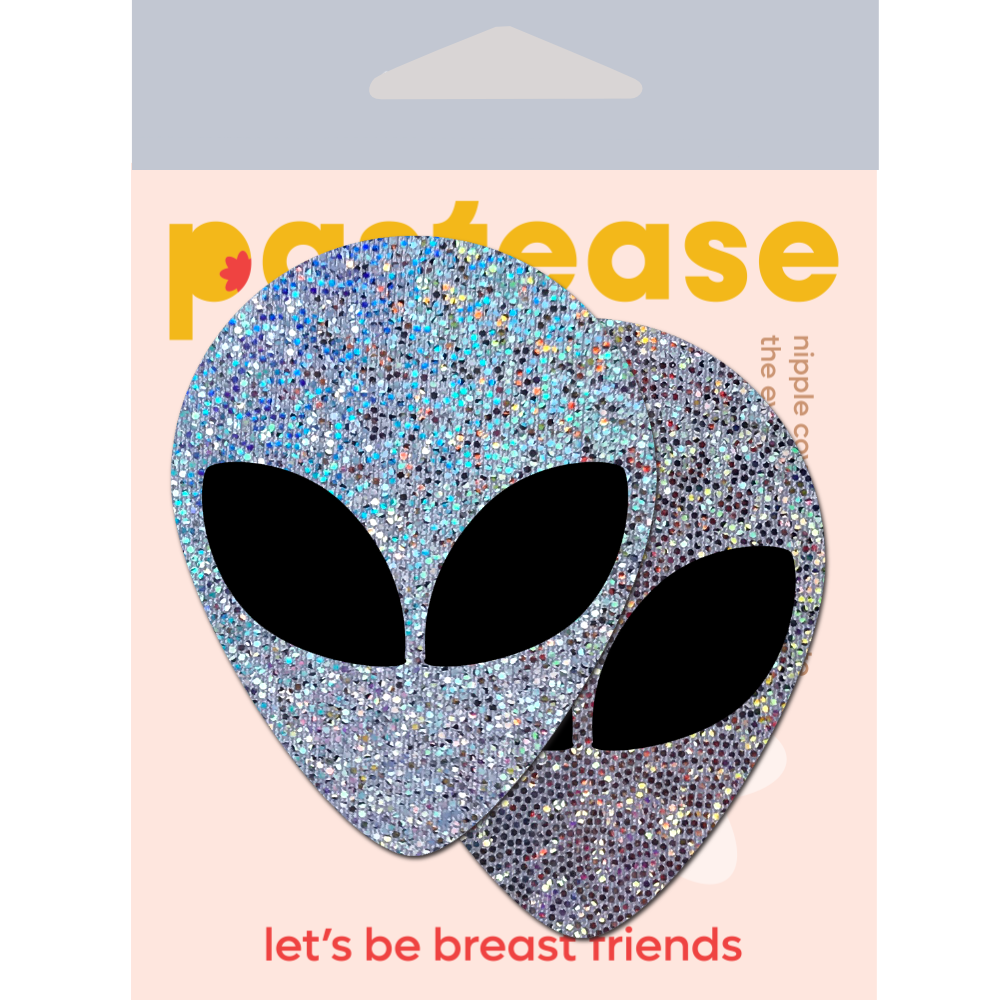 Alien: Silver Glitter Alien with Spacey Black Eyes Nipple Pasties by Pastease® o/s