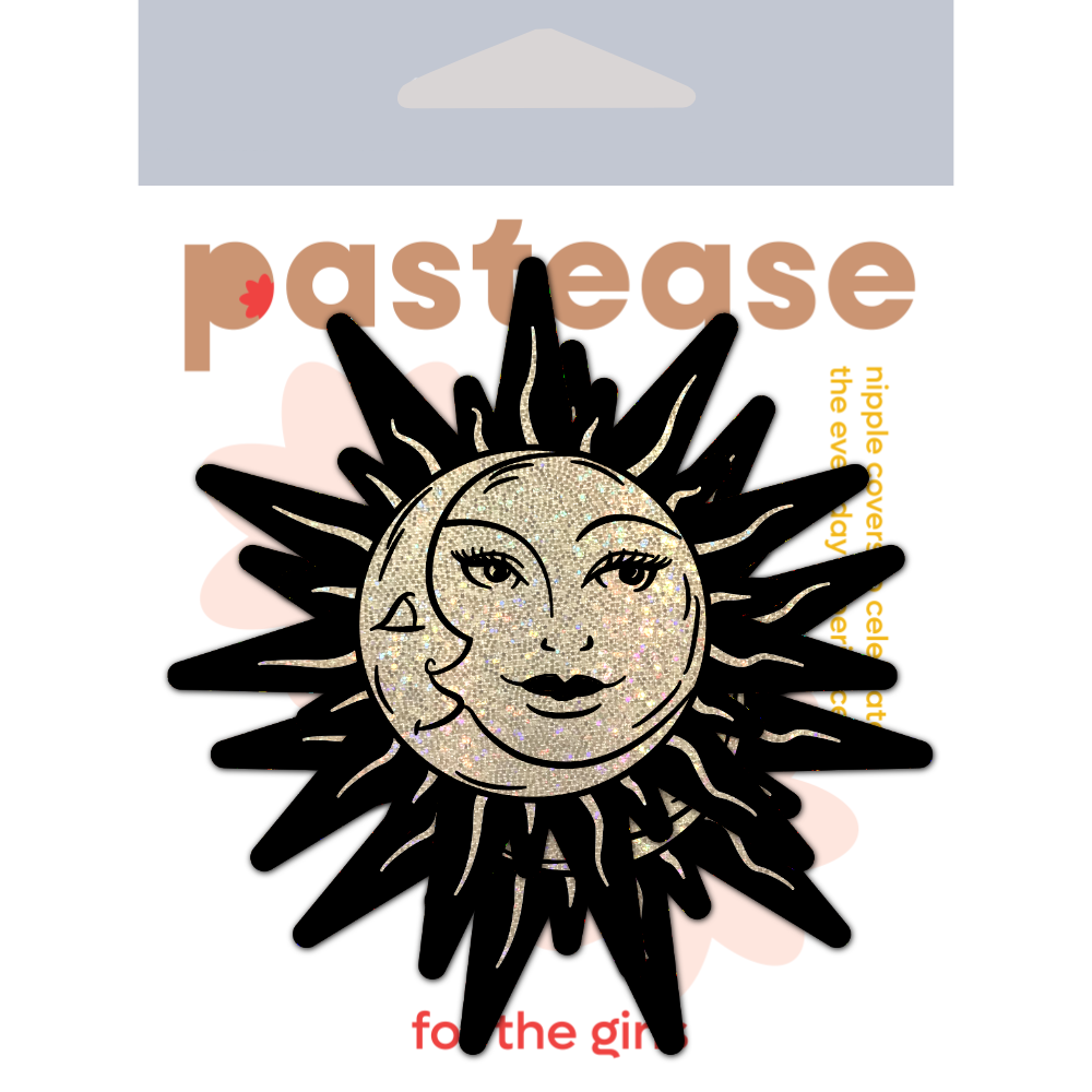 Sunburst: Sun & Moon Faces on Gold Glitter Sun Nipple Pasties by Pastease® o/s