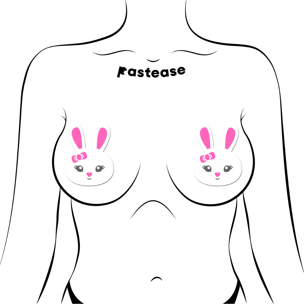 Bunny: Cute White Bunny with Pink Heart Nose, Ears, & Bow Nipple Pasties By Pastease® o/s