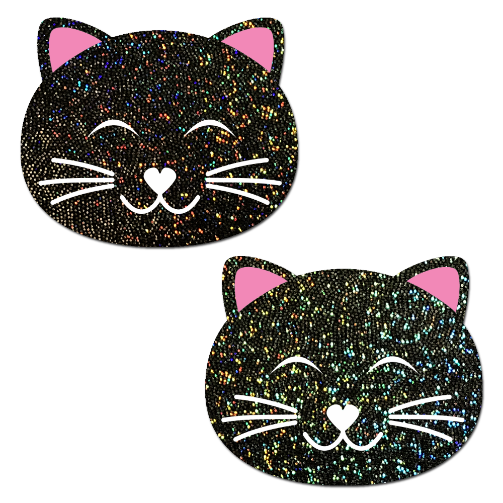 Kitty Cat: Happy Black Glitter Kitty Cat Nipple Pasties by Pastease® o/s