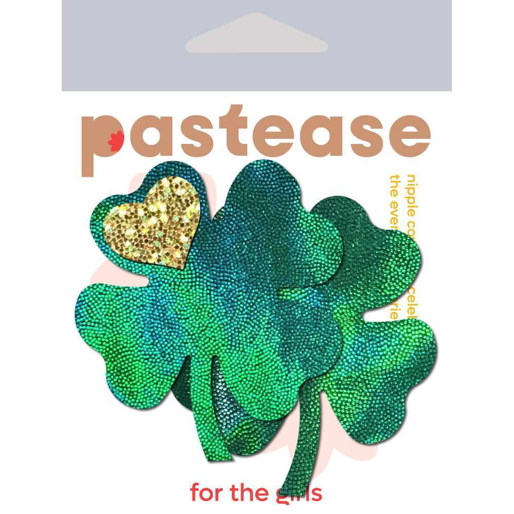 Four Leaf Clover: Holographic Green Shamrocks with Hearts o' Gold Nipple Pasties by Pastease®