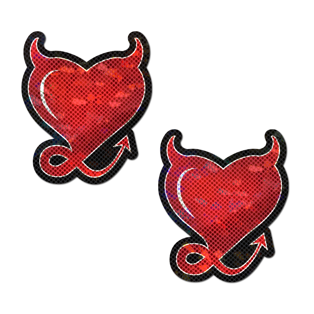 Devil Heart: Red Glittering Hearts with Horns & Tail Nipple Pasties by Pastease®