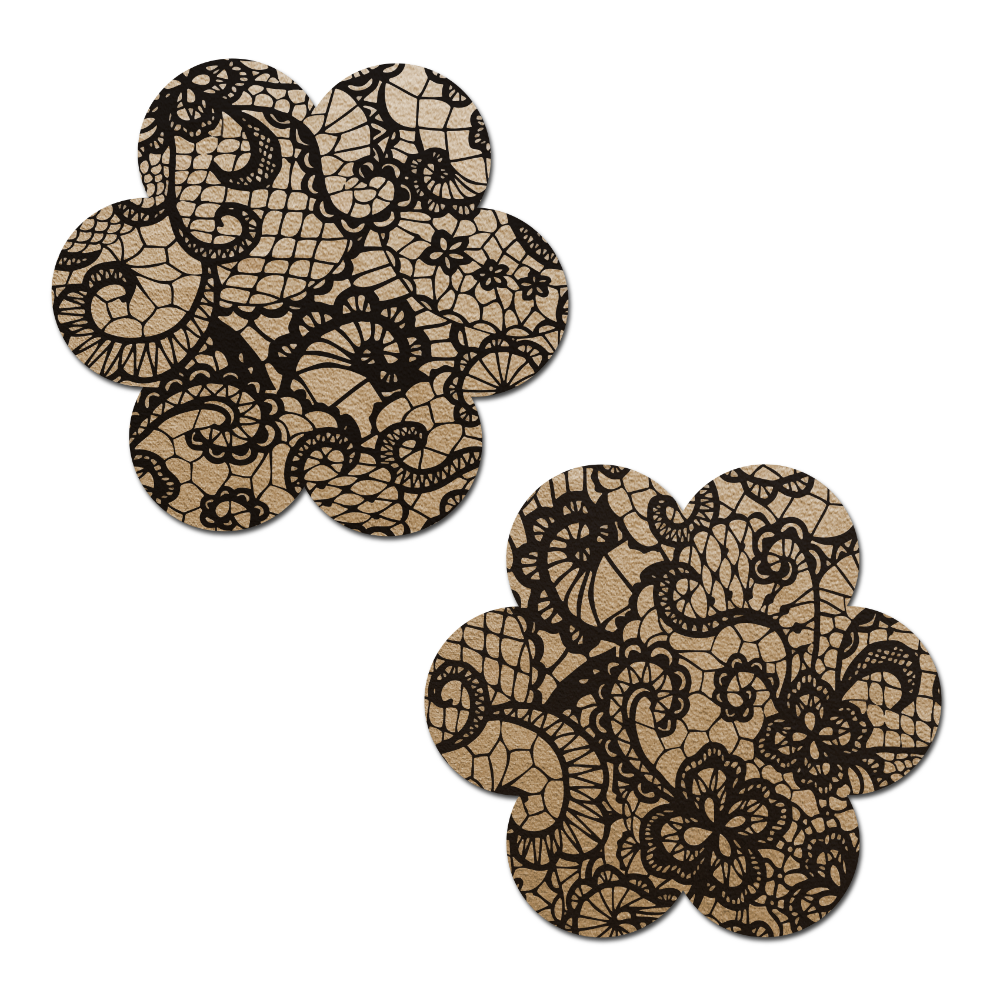 Daisy: Light Nude with Black Lace Flower Nipple Pasties by Pastease® o/s