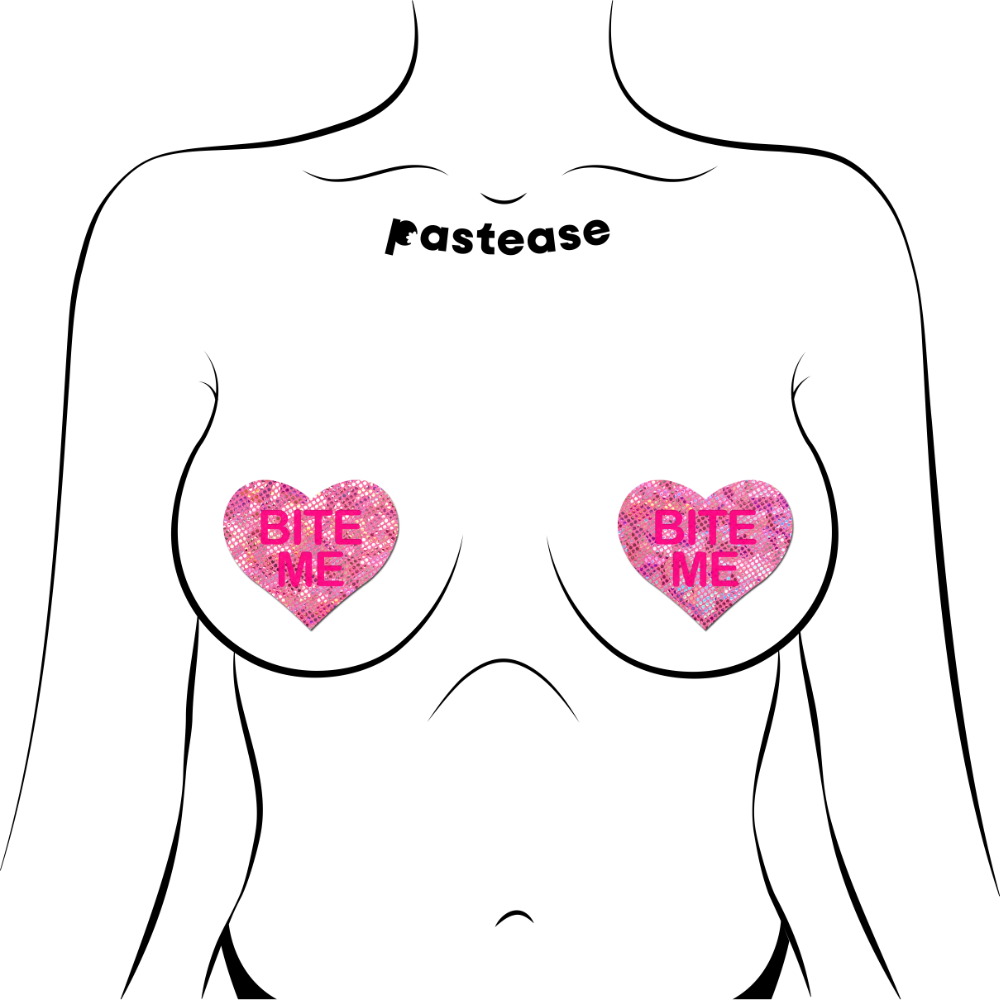 Love: Disco Pink Heart with 'Bite Me' Nipple Pasties by Pastease® o/s