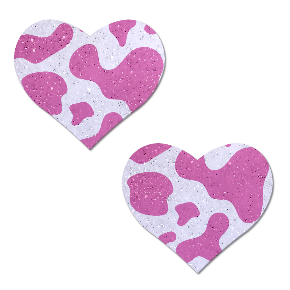 Love: Pink Strawberry Cow Print Heart on Soft Glittery Velvet Nipple Pasties by Pastease®