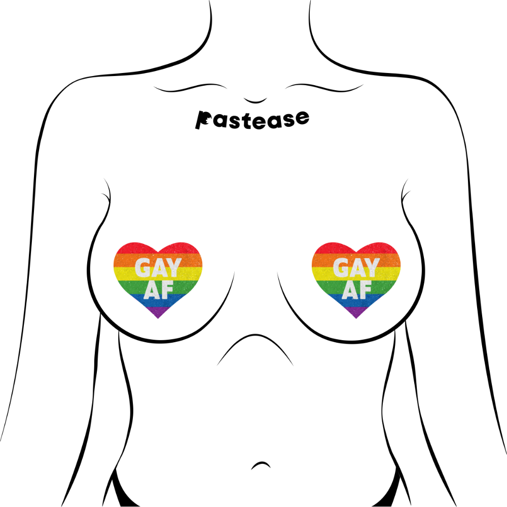 Love: Rainbow 'GAY AF' on Glitter Velvet Heart Nipple Pasties by Pastease® o/s