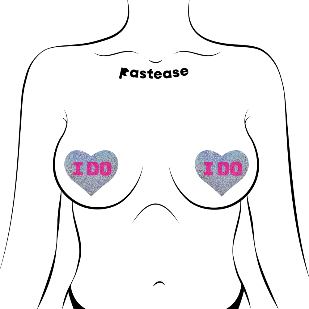 Love: Bridal Silver Glitter Hearts with Pink "I Do" Nipple Pasties by Pastease® o/s