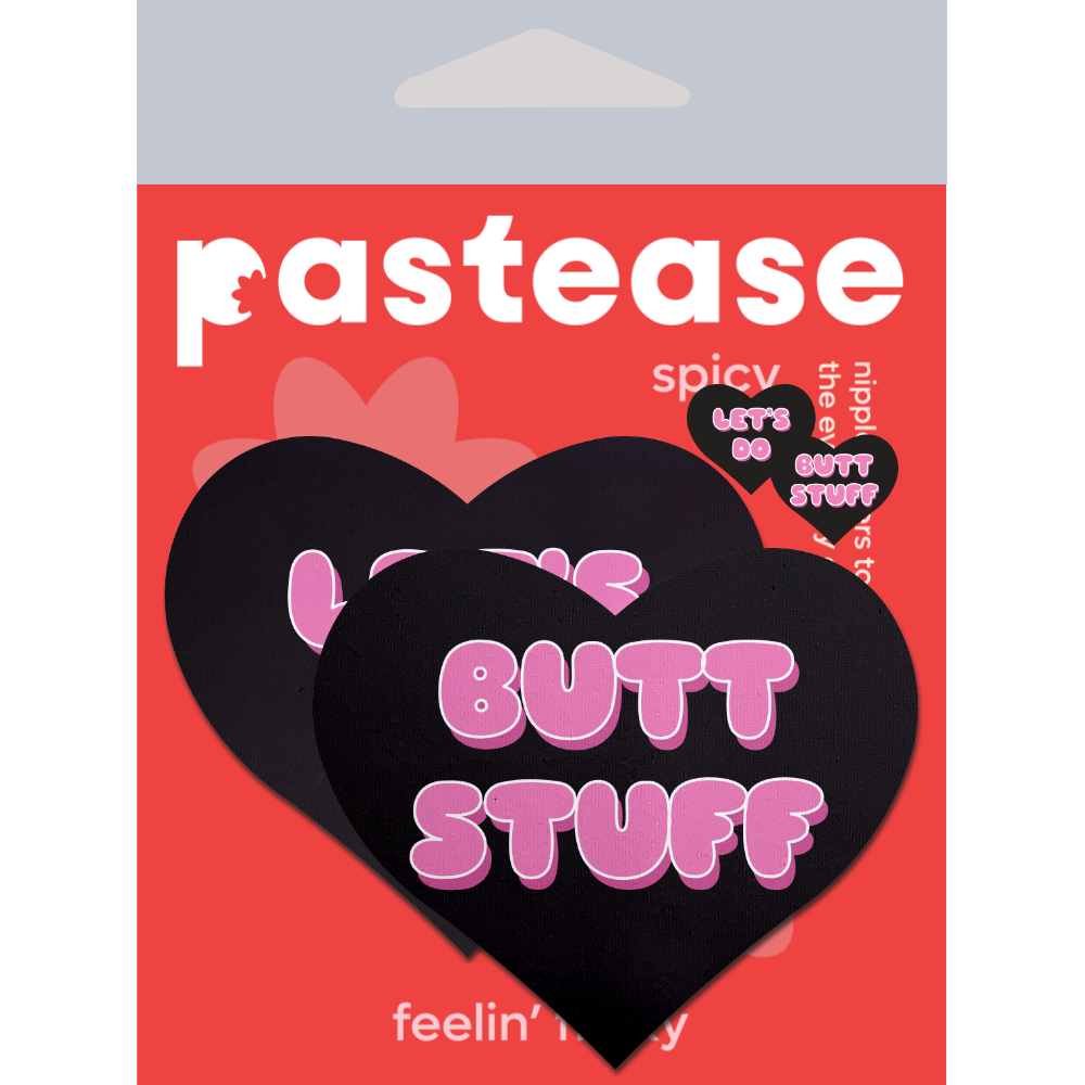 Love: 'Let's Do Butt Stuff' in Black & Pink Heart Nipple Pasties by Pastease®