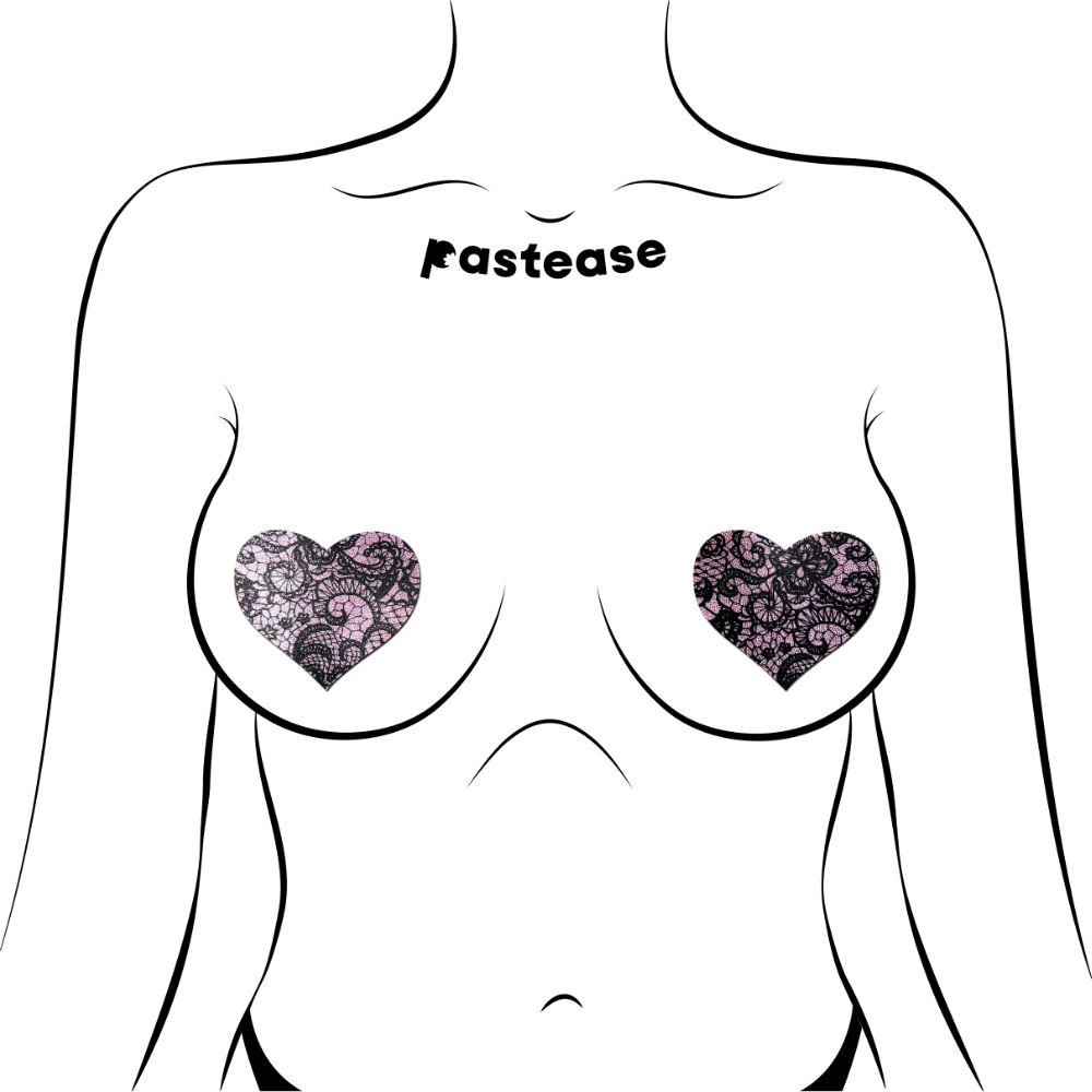 Love: Liquid Baby Pink with Black Lace Heart Nipple Pasties by Pastease® o/s