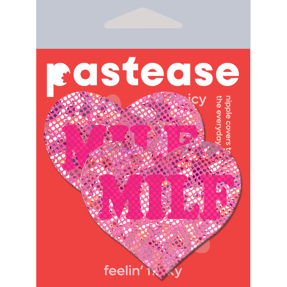 Love: 'MILF' on Disco Pink Heart Nipple Pasties by Pastease® o/s