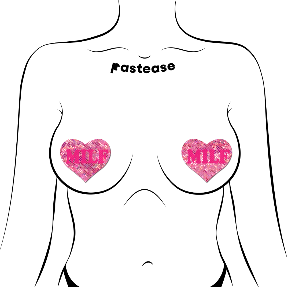 Love: 'MILF' on Disco Pink Heart Nipple Pasties by Pastease® o/s