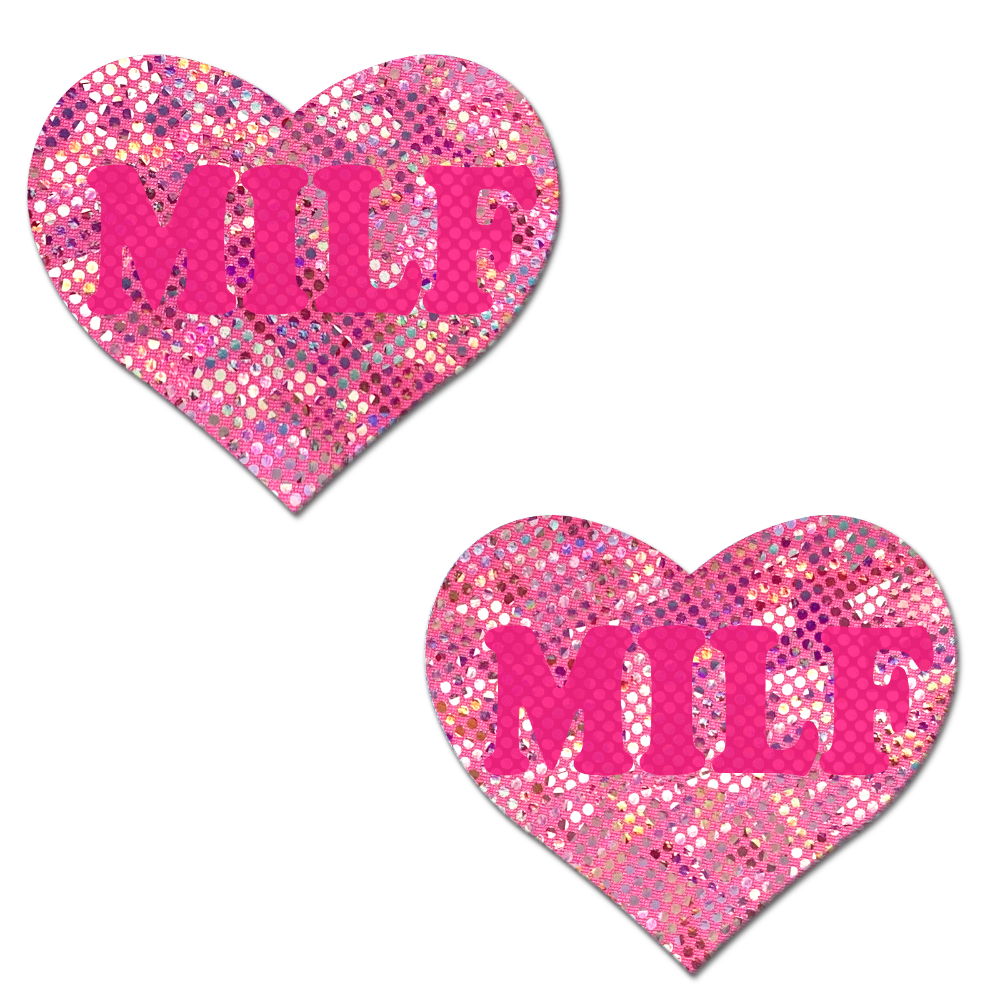 Love: 'MILF' on Disco Pink Heart Nipple Pasties by Pastease® o/s