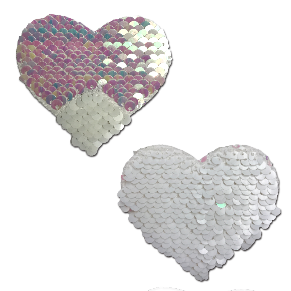 Love: Pearl & White Color Changing Sequin Heart Nipple Pasties by Pastease®