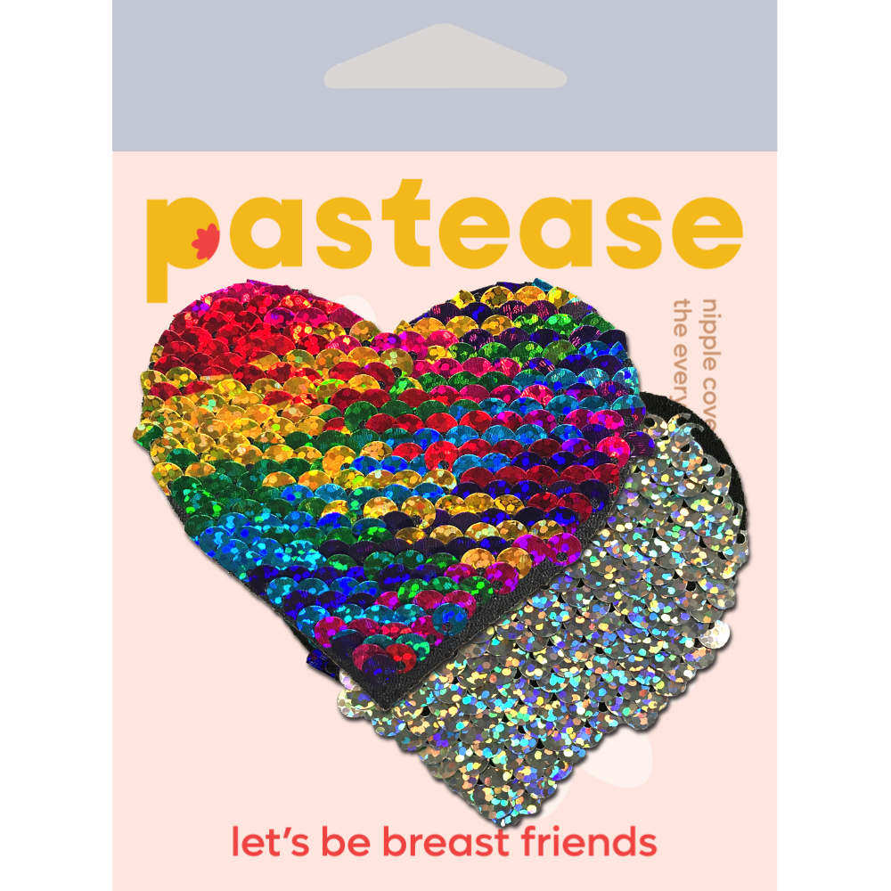 Love: Rainbow & Silver Glitter Color Changing Sequin Heart Nipple Pasties by Pastease®