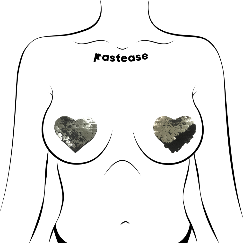 Love: Silver & Black Color Changing Sequin Heart Nipple Pasties by Pastease®