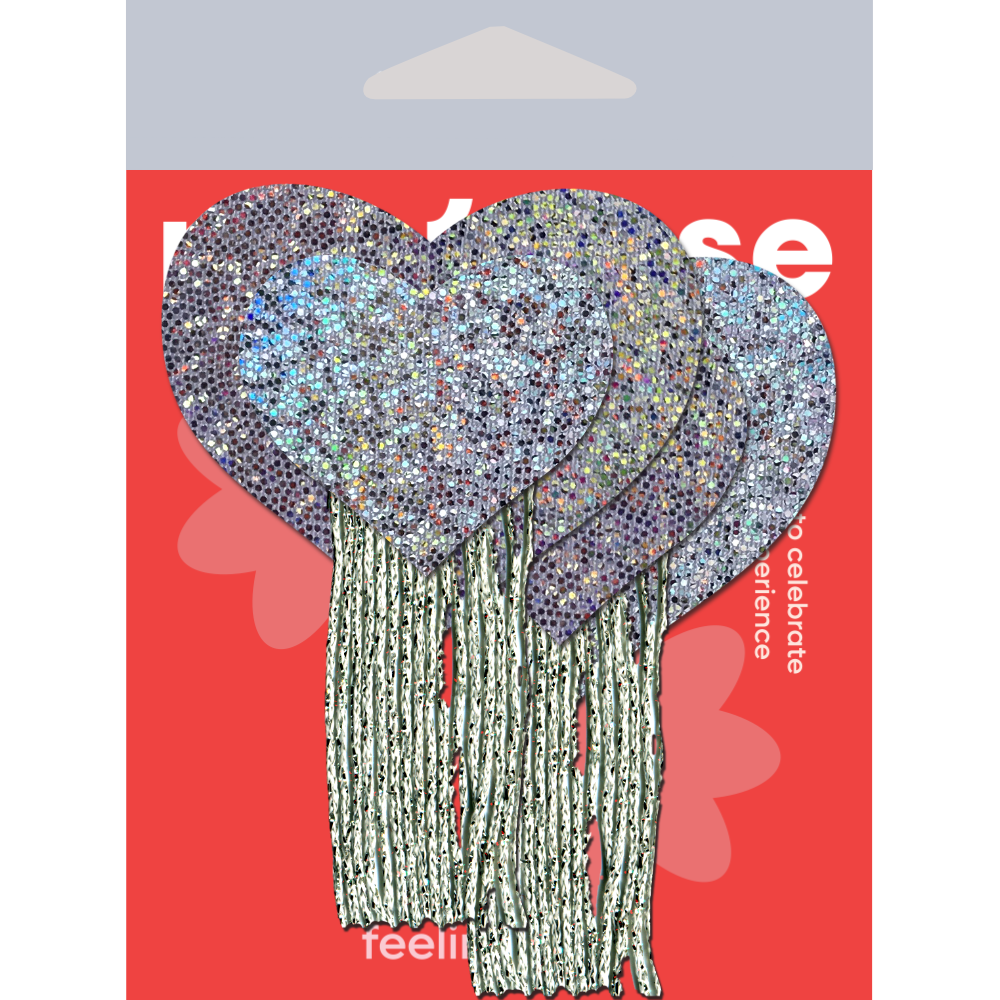 Love: Silver Glitter Hearts with Tassel Fringe Nipple Pasties by Pastease®