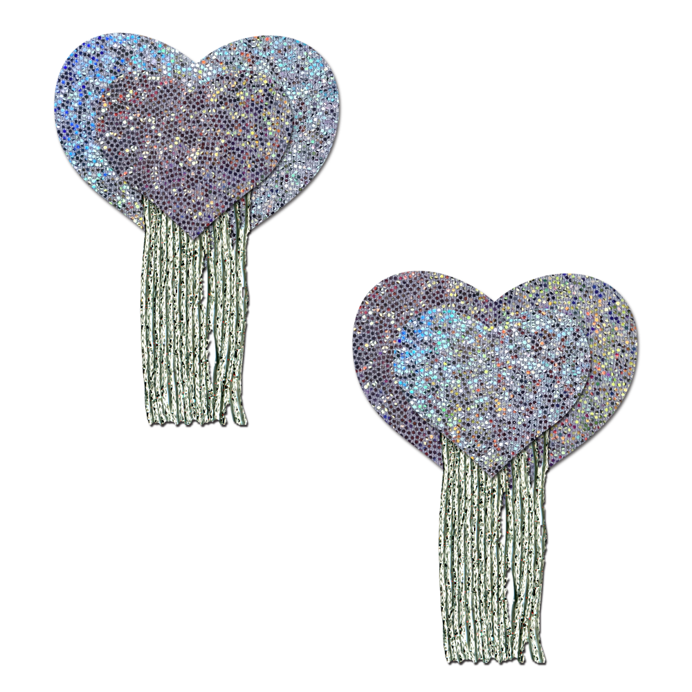 Love: Silver Glitter Hearts with Tassel Fringe Nipple Pasties by Pastease®