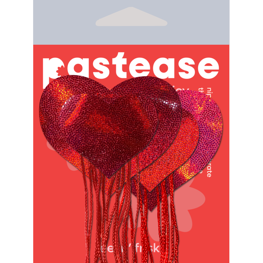 Tassels: Red Holographic Hearts with Tassel Fringe Nipple Pasties by Pastease®