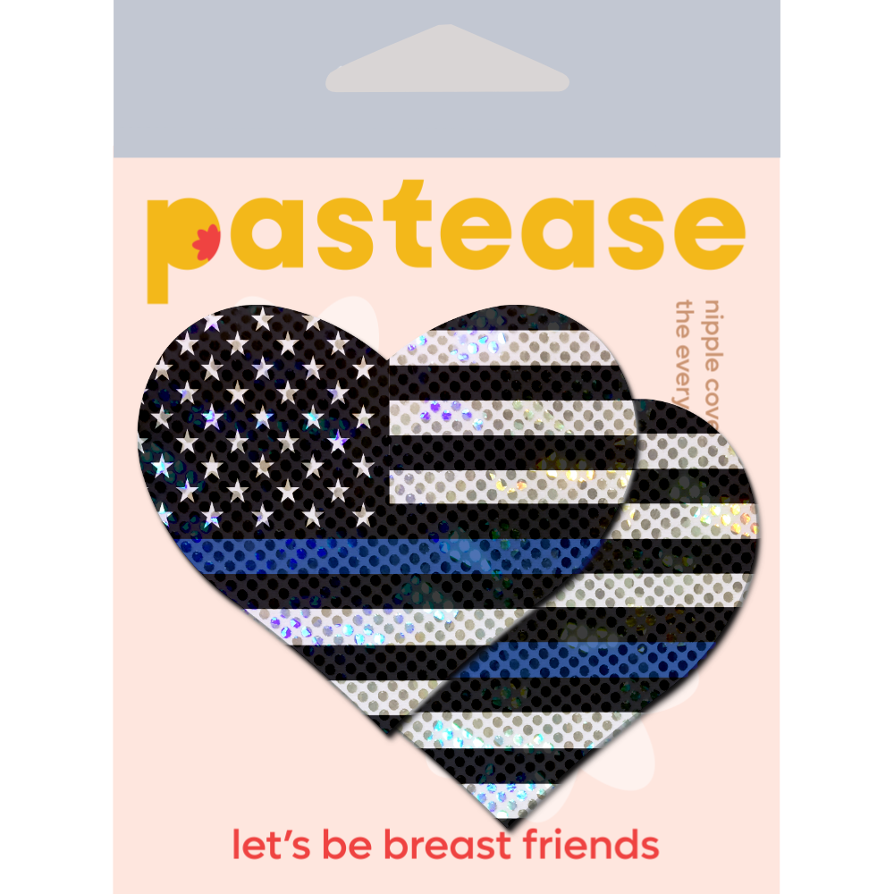 Love: Thin Blue Line American Flag Flashy Heart Nipple Pasties by Pastease