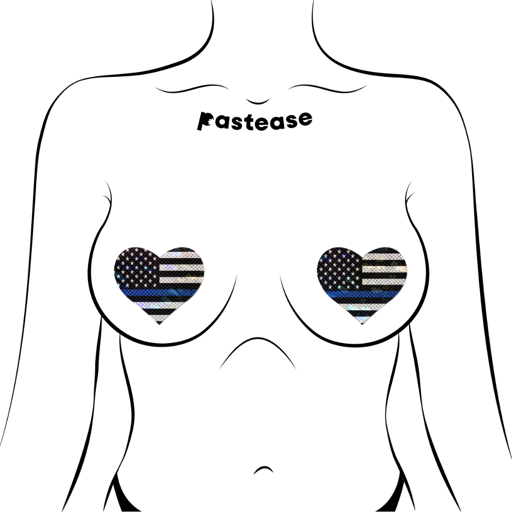 Love: Thin Blue Line American Flag Flashy Heart Nipple Pasties by Pastease