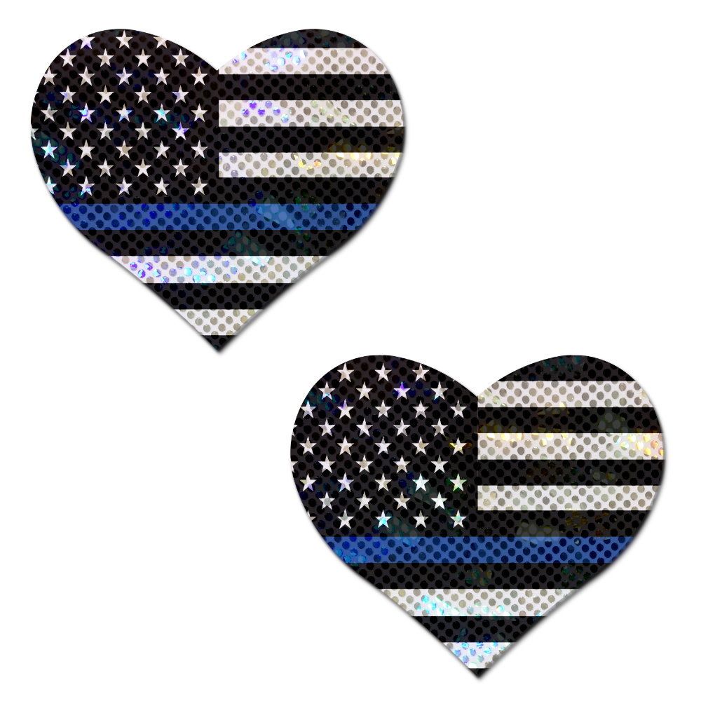 Love: Thin Blue Line American Flag Flashy Heart Nipple Pasties by Pastease