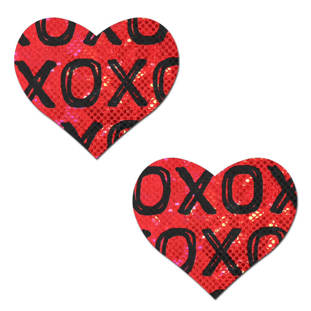 Love: Shattered Glass Disco Ball Red with Black XO Heart Nipple Pasties by Pastease®
