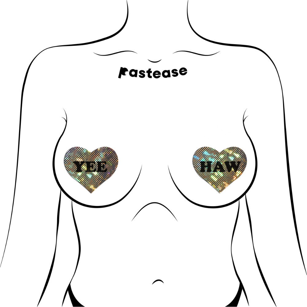 Love: 'YEE HAW' in Black on Gold Glitter Disco Heart Nipple Pasties by Pastease® o/s