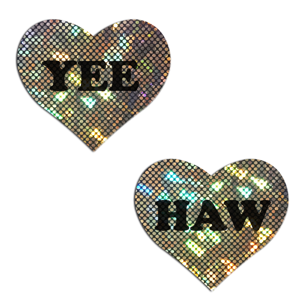 Love: 'YEE HAW' in Black on Gold Glitter Disco Heart Nipple Pasties by Pastease® o/s