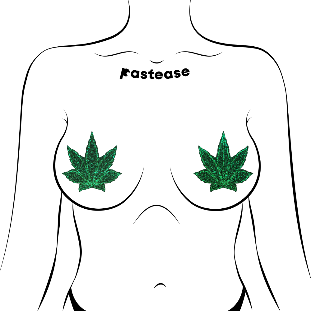 Indica Pot Leaf: Glitter Green Weed Nipple Pasties by Pastease®