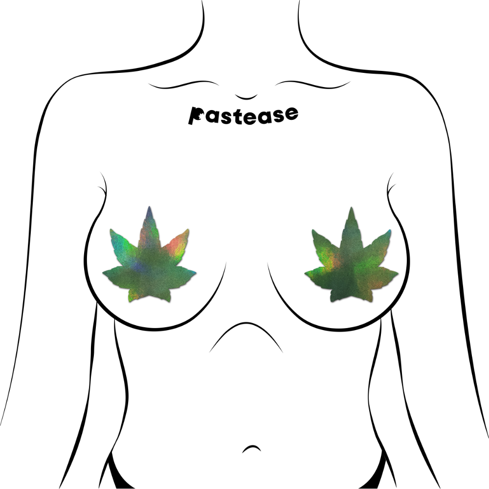Indica Pot Leaf: Green Holographic Weed Nipple Pasties by Pastease®