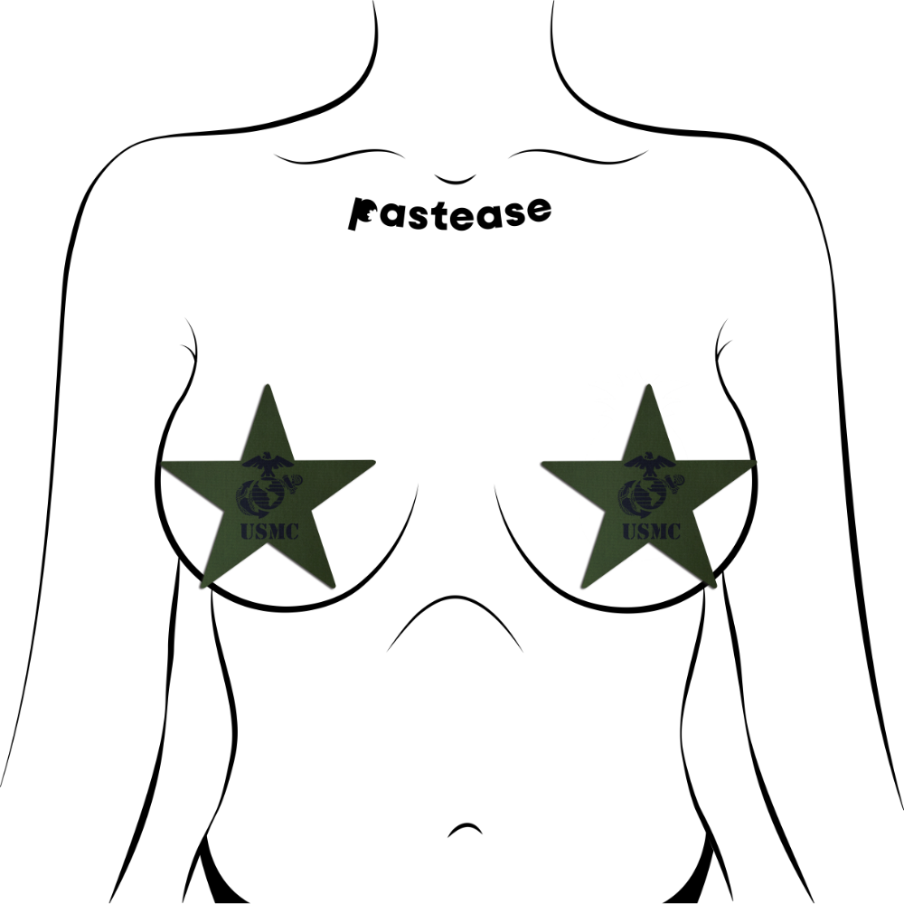 Nautical Star: Military USMC US Marines Insignia Black on Green Nipple Pasties by Pastease® o/s