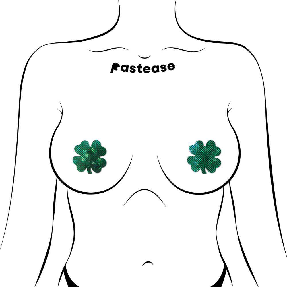 Petites: Two-Pair Small Shattered Glass Disco Ball Glittery Green St Patrick's Clover Nipple Pasties by Pastease®