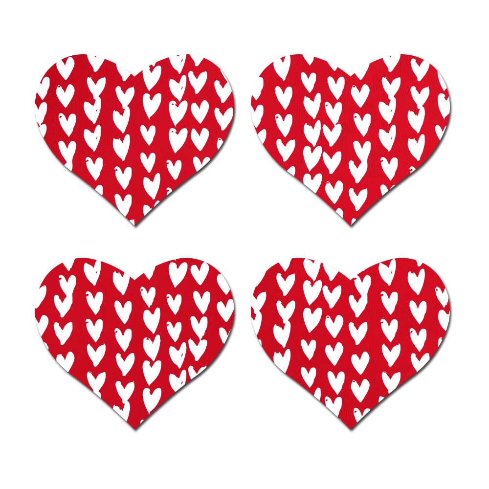 Petites: Two-Pair Small Red Hearts Pattern on White Hearts Nipple Pasties by Pastease®