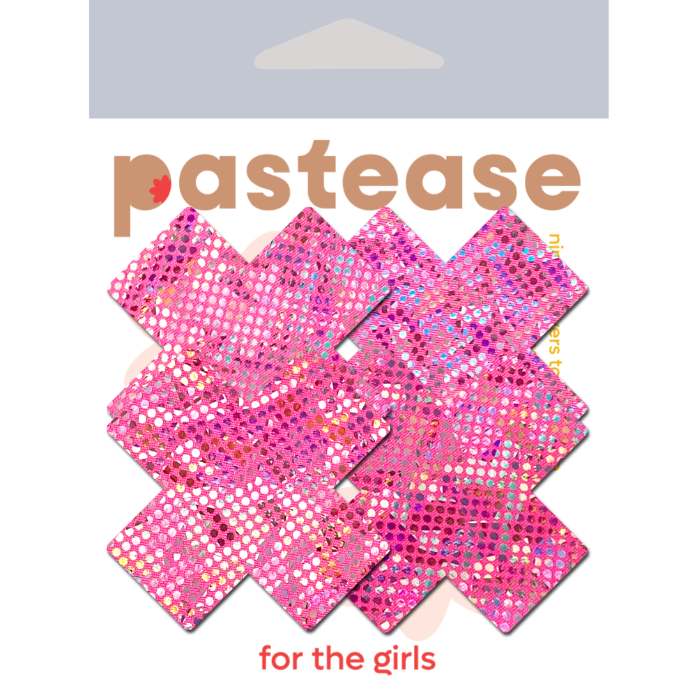 Petite Plus X: Two Pair of Small Shattered Glass Disco Ball Glitter Pink Cross Nipple Pasties by Pastease® o/s