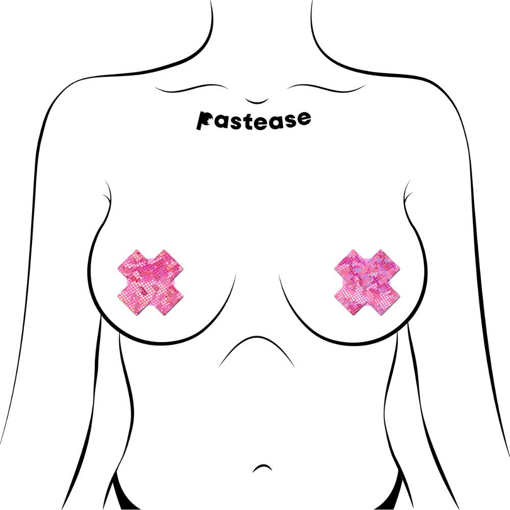 Petite Plus X: Two Pair of Small Shattered Glass Disco Ball Glitter Pink Cross Nipple Pasties by Pastease® o/s