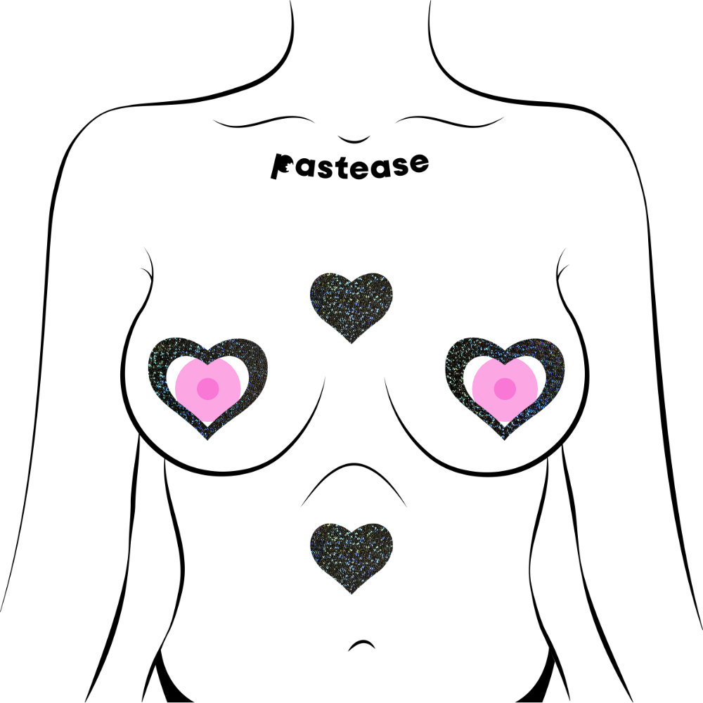 Peek-a-Boob: Black Glitter Heart Frame & Center Nipple Pasties by Pastease® o/s