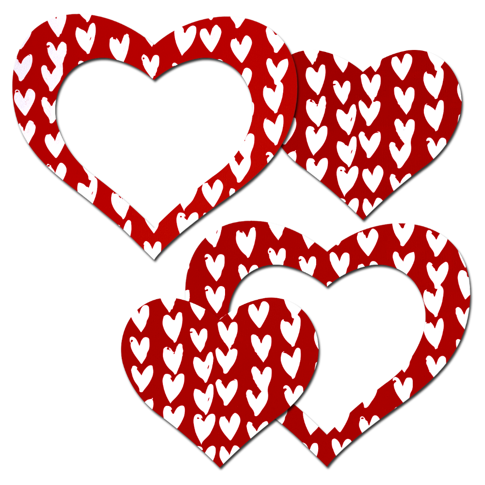 Peek-a-Boob: Red Hearts Pattern on White Heart Frame & Center Heart Nipple Pasties by Pastease®