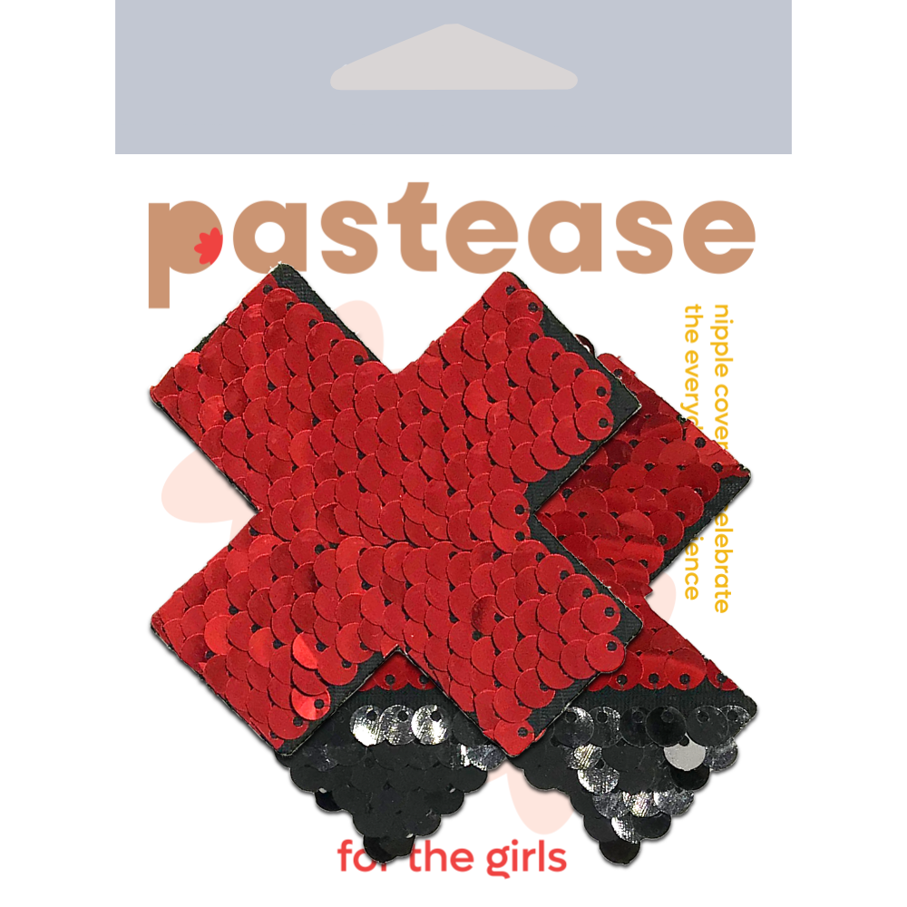Plus X: Red & Black Flip Sequin Cross Nipple Pasties by Pastease®