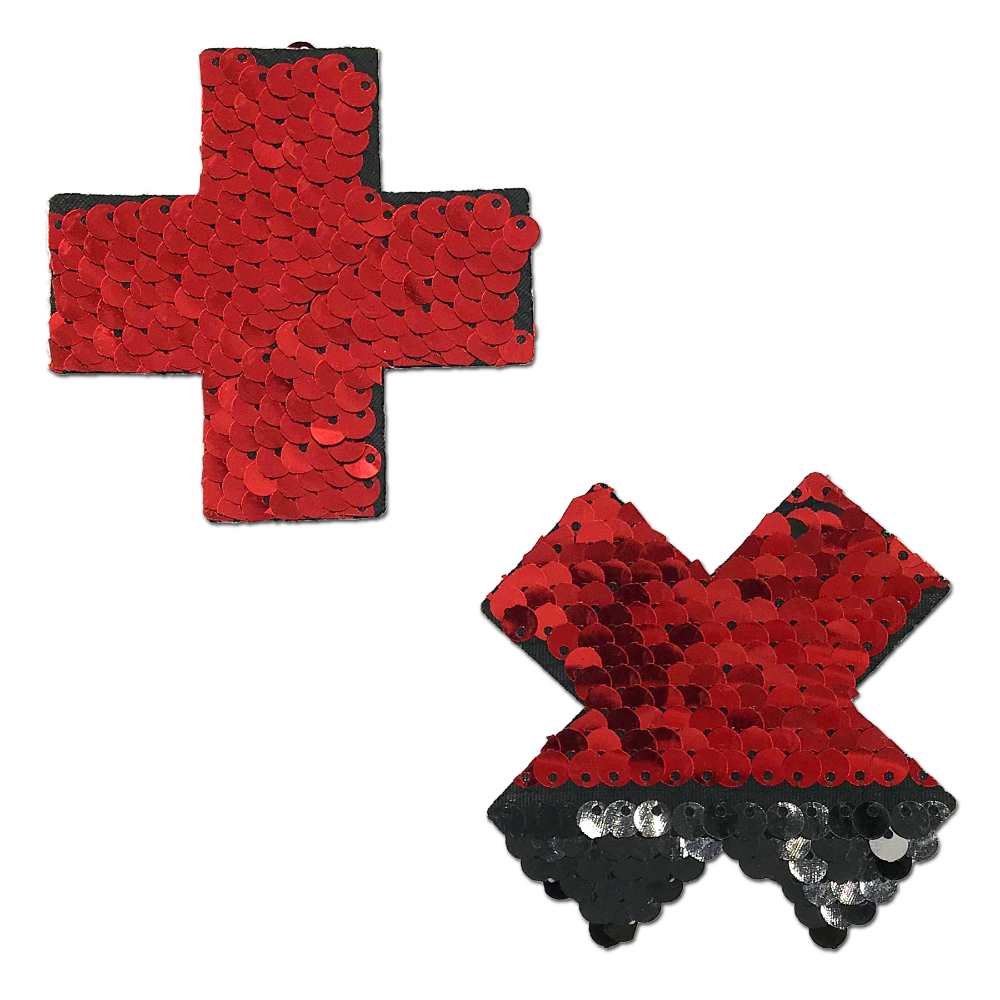 Plus X: Red & Black Flip Sequin Cross Nipple Pasties by Pastease®