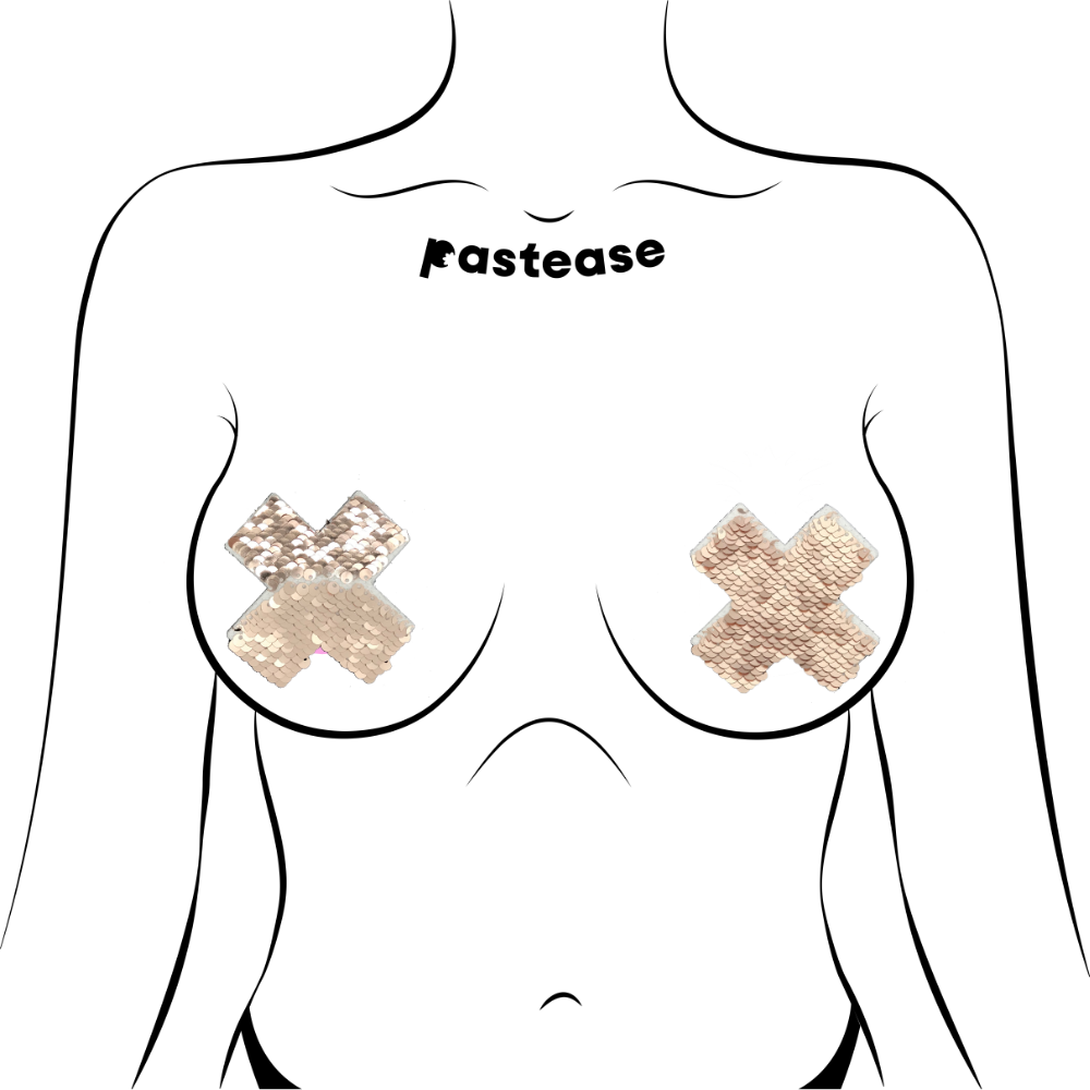 Plus X: Rose Gold Shiny & Matte Flip Sequin Cross Nipple Pasties by Pastease®