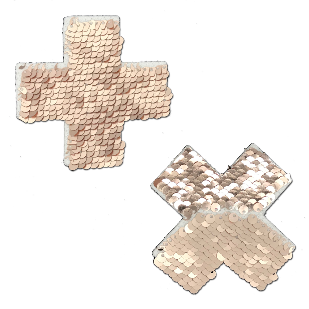 Plus X: Rose Gold Shiny & Matte Flip Sequin Cross Nipple Pasties by Pastease®