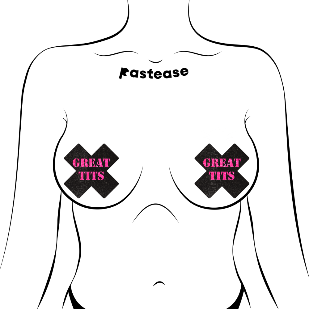 Plus X: Black with Pink 'Great Tits' Cross Nipple Pasties by Pastease® o/s