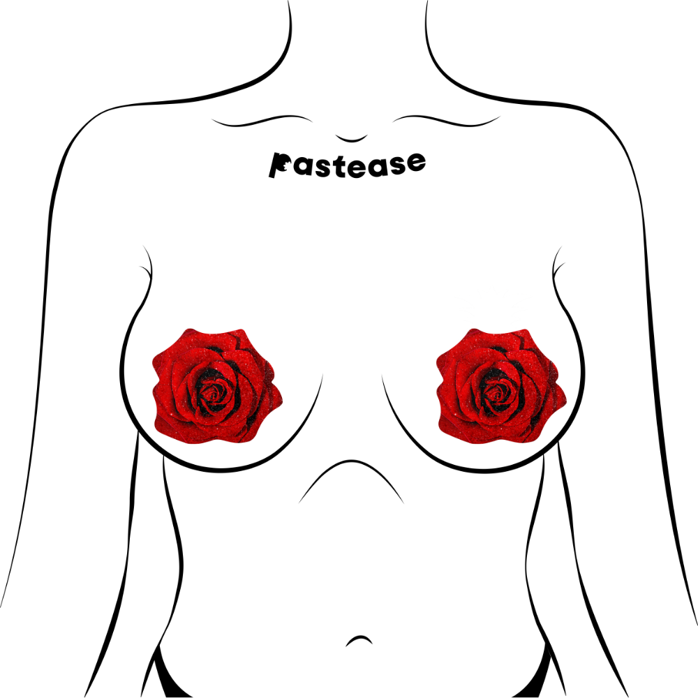 Rose: Red Glitter Velvet Blooming Rose Nipple Pasties by Pastease®