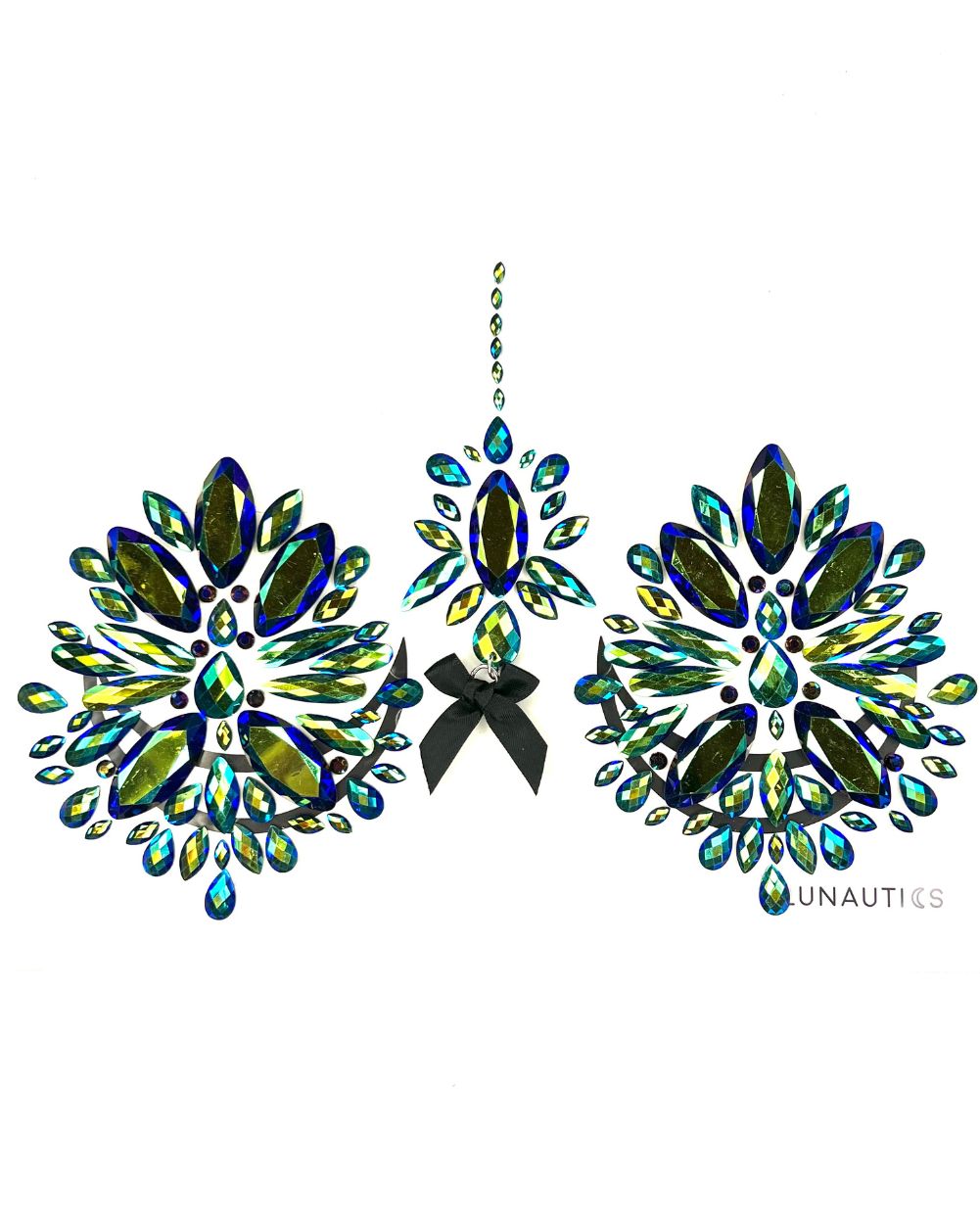 Showgirl Body Jewel Pasties - Black and Iridescent Green Body Jewel Rhinestone Sticker Pasties