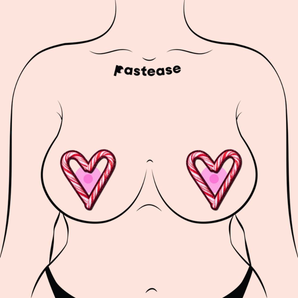 Peek-a-Boob: Candy Cane Heart Red & White Cut-Out Nipple Pasties by Pastease®