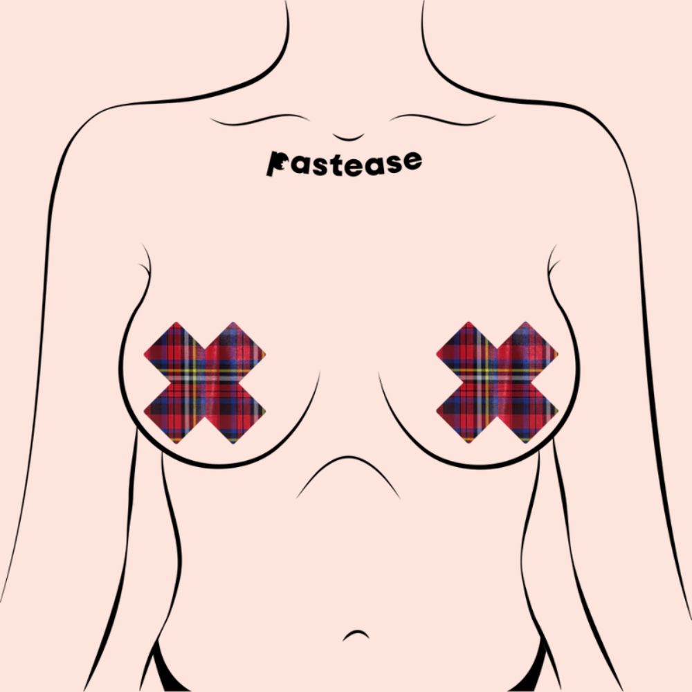 Plus X: Red Plaid Punk School Girl Cross Nipple Pasties by Pastease® o/s