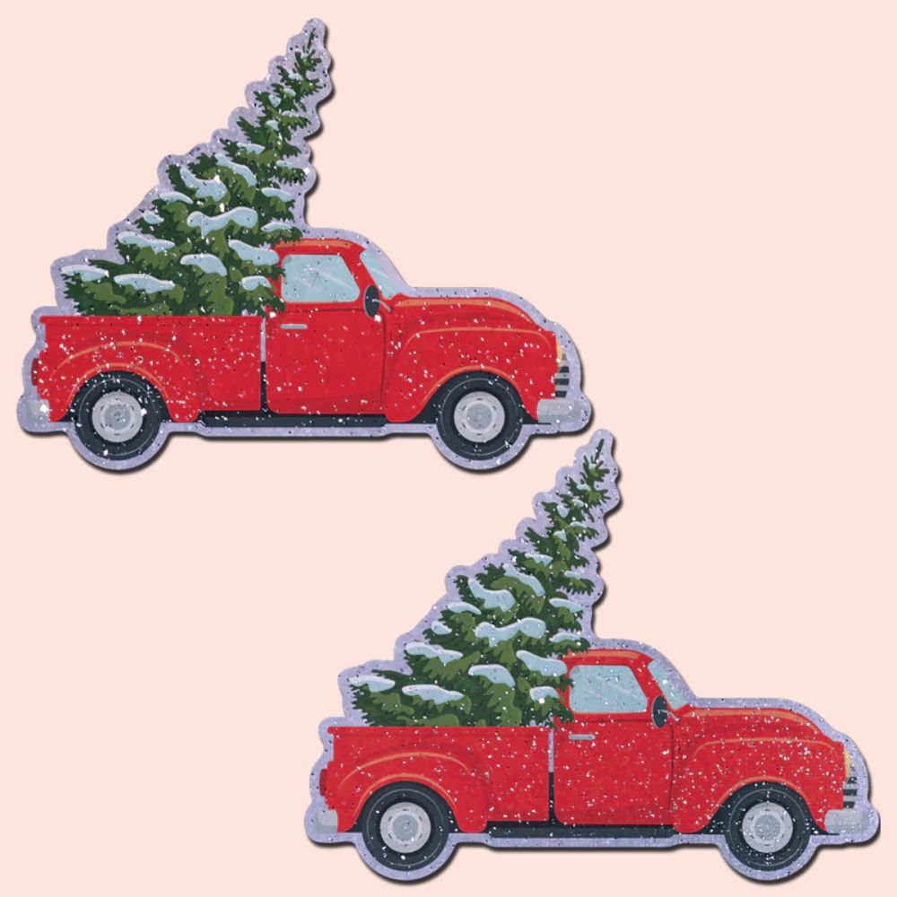 Christmas Winter Pasties Little Red Truck with Christmas Tree on Glittery Velvet Nipple Covers by Pastease®