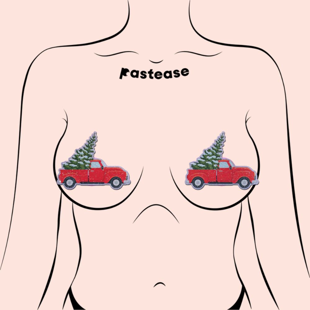 Christmas Winter Pasties Little Red Truck with Christmas Tree on Glittery Velvet Nipple Covers by Pastease®