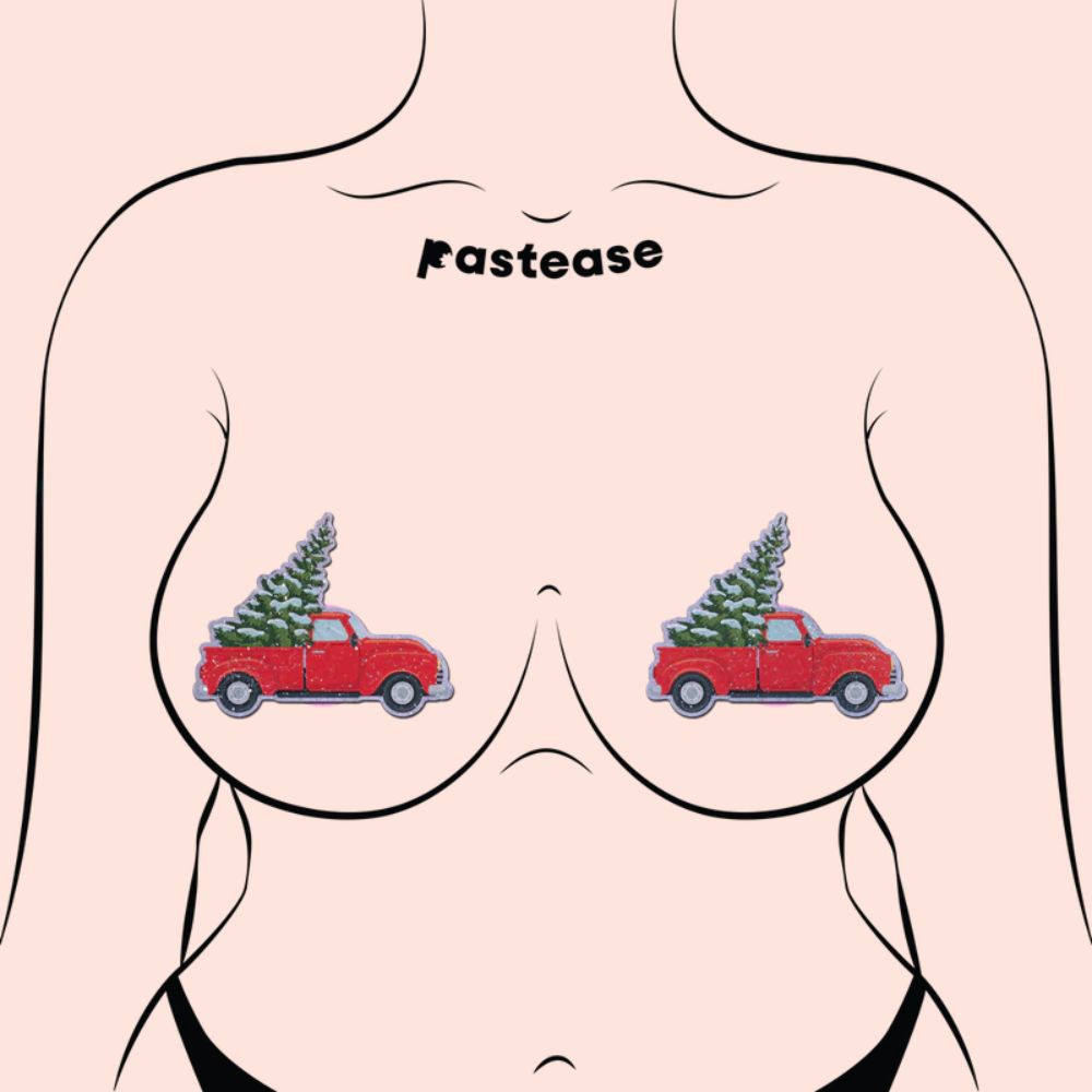 Christmas Winter Pasties Little Red Truck with Christmas Tree on Glittery Velvet Nipple Covers by Pastease®