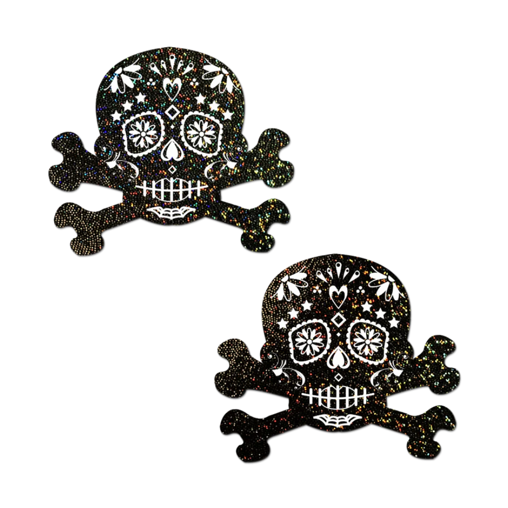 Black Glitter Candy Skull & Crossbones Nipple Pasties by Pastease® o/s